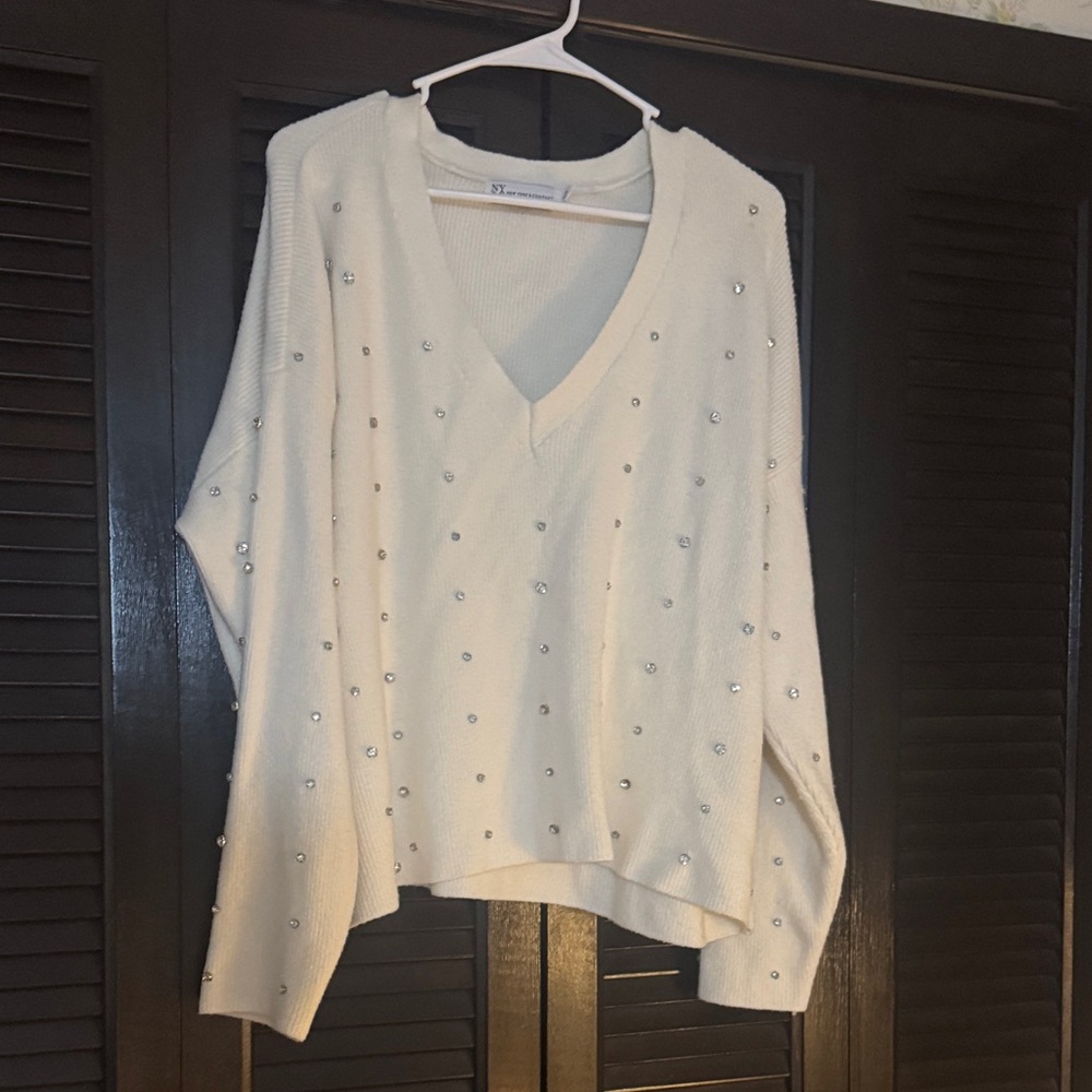 New York & Company Cream V-Neck Sweater with Silver Accents